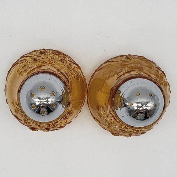 Viking Vintage Amber Glass Daisy Flowers Chrome Lid Salt & Pepper Shaker Set - Picture 11 of 11